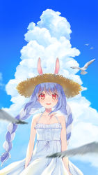 Rule 34 | 1girl, absurdres, animal ears, arms at sides, bare arms, bare shoulders, blue hair, blue sky, blurry, blush, braid, breasts, cleavage, collarbone, commentary, cowboy shot, depth of field, dress, frilled dress, frills, halter dress, halterneck, hat, highres, hikimayu, hololive, kabi akaru, long hair, looking at viewer, multicolored hair, open mouth, rabbit-shaped pupils, rabbit ears, rabbit girl, red eyes, short eyebrows, sky, small breasts, smile, solo, spaghetti strap, straw hat, summer, sun hat, sundress, symbol-only commentary, symbol-shaped pupils, thick eyebrows, twin braids, twintails, two-tone hair, usada pekora, virtual youtuber, white dress, white hair