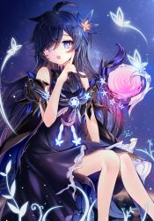 Rule 34 | 1girl, :o, ahoge, armor, bare shoulders, black cape, black dress, black hair, blue cape, blue flower, breastplate, cape, commentary request, dress, elsword, flower, hair flower, hair ornament, hair over one eye, hand up, highres, index finger raised, laby (elsword), long hair, multicolored cape, multicolored clothes, nisha (elsword), nisha labyrinth (elsword), parted lips, purple eyes, revision, sharp teeth, signature, sitting, sleeveless, sleeveless dress, solo, teeth, very long hair, xes (xes 5377)