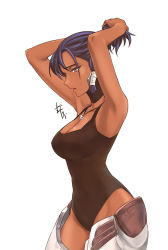 Rule 34 | 1girl, adjusting hair, armor, arms up, bad id, bad pixiv id, blue hair, breasts, brown eyes, cleavage, cowboy shot, dark-skinned female, dark skin, detached sleeves, facial mark, facial tattoo, from side, glint, groin, jewelry, large breasts, lens flare, leotard, necklace, overwatch, overwatch 1, parted lips, pendant, pharah (overwatch), ponytail, red lips, sidelocks, simple background, solo, sung-kyung, tattoo, tying hair, white background, yellow eyes
