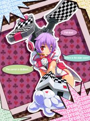 Rule 34 | 1girl, absurdres, all fours, carrot, cosmic break, dice, english text, engrish text, female focus, gloves, headset, highres, lennylop, pointing, purple hair, ranguage, red eyes, renny lop, robot ears, short hair, ska, solo, speech bubble, tongue, tongue out
