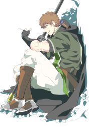 Rule 34 | 1boy, belt, between fingers, black cape, blue ribbon, boots, brown belt, brown eyes, brown footwear, brown hair, cape, cigarette, facial hair, fate/grand order, fate (series), fingerless gloves, gloves, goatee, green tunic, grey eyes, grin, hair between eyes, hair ribbon, hector (fate), highres, holding, holding polearm, holding weapon, innfiniti, male focus, polearm, ponytail, ribbon, sitting, smile, solo, weapon