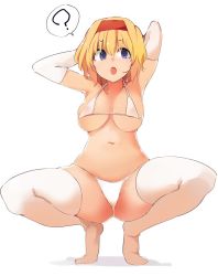 Rule 34 | 1girl, :o, ?, @ @, alice margatroid, animal ears, arms up, bare arms, bare shoulders, bikini, blonde hair, blue eyes, breasts, cleavage, full body, gloves, hairband, halterneck, high heels, highleg, hypnosis, kamukamu (ars), looking at viewer, medium breasts, micro bikini, mind control, open mouth, red hairband, shoes, short hair, solo, spoken question mark, squatting, swimsuit, thighhighs, touhou, white bikini, white gloves, white thighhighs