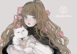 Rule 34 | 1girl, animal, black cloak, blunt bangs, brown hair, buttoned cuffs, buttons, cat, cloak, closed mouth, commentary request, dress, expressionless, eyeshadow, flower, frills, grey background, grey eyes, hair flower, hair ornament, holding, holding animal, holding cat, logo, long hair, long sleeves, looking at viewer, makeup, nekosuke (oxo), original, pink flower, pink rose, red eyeshadow, rose, simple background, solo, thorns, upper body, white cat, white dress