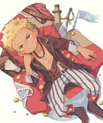 Rule 34 | 1boy, boots, brown eyes, brown jacket, chair, child, closed mouth, coin, commentary request, dark-skinned male, dark skin, flag, from above, gem, gold coin, hand on own face, highres, jacket, jewelry, kotatsu keibiin, leather belt, long sleeves, looking at viewer, looking up, male focus, necklace, open clothes, original, pants, pearl necklace, pirate, scar, scar on face, sheath, sheathed, short hair, smile, solo, spiked hair, striped clothes, striped pants, sword, treasure, treasure chest, treasure map, weapon