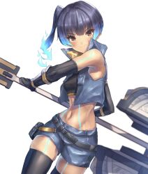 Rule 34 | 1girl, blue hair, brown eyes, chest jewel, fiery hair, glowing lines, hakusai (hksicabb), hammer, highres, holding, holding hammer, leggings, sena (xenoblade), shoulder strap, simple background, solo, sports bra, white background, xenoblade chronicles (series), xenoblade chronicles 3