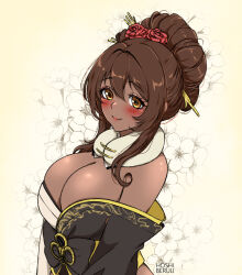 Rule 34 | 1girl, artist name, black kimono, blush, breasts, brown hair, cleavage, closed mouth, commentary, dark-skinned female, dark skin, double-parted bangs, english commentary, eyelashes, floral background, flower, flower knot, from side, fur collar, goddess of victory: nikke, hair between eyes, hair bun, hair flower, hair intakes, hair ornament, hair stick, hoshiberuu, japanese clothes, kimono, large breasts, lips, looking at viewer, medium hair, noir (black rabbit) (nikke), noir (nikke), off shoulder, official alternate costume, official alternate hairstyle, orange eyes, rose, sidelocks, smile, solo, two-tone kimono, upper body, white kimono