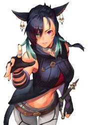 Rule 34 | 1girl, animal ears, black hair, black nails, breasts, cat ears, cat tail, choker, commission, earrings, facial mark, feather hair ornament, feathers, final fantasy, final fantasy xiv, fingerless gloves, gloves, green eyes, hair ornament, heterochromia, hinoru saikusa, jewelry, large breasts, long hair, looking at viewer, midriff, miqo&#039;te, multicolored hair, navel, red eyes, red hair, ring, skeb commission, sleeveless, sleeveless jacket, solo, streaked hair, tail, two-tone hair, warrior of light (ff14), whisker markings, white background