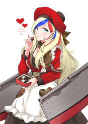 Rule 34 | 10s, 1girl, absurdres, belt, beret, blonde hair, blue eyes, blue hair, brown scarf, chocolate, commandant teste (kancolle), commentary request, english text, food, happy valentine, hat, heart, highres, holding, holding food, kantai collection, long hair, long sleeves, morinaga miki, multicolored hair, open mouth, plaid, plaid scarf, pom pom (clothes), red hair, scarf, solo, valentine, white background