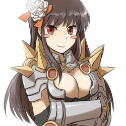 Rule 34 | 1girl, armor, arms under breasts, bikini armor, blush stickers, breasts, brown hair, cleavage, closed mouth, commentary request, cross, flower, gauntlets, hair flower, hair ornament, large breasts, long hair, looking at viewer, natsuya (kuttuki), pauldrons, ragnarok online, red eyes, rune knight (ragnarok online), shoulder armor, simple background, smile, solo, spiked pauldrons, upper body, white background, white flower