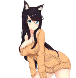 Rule 34 | 1girl, animal ear fluff, animal ears, aran sweater, azur lane, bent over, black hair, blue eyes, breasts, cable knit, cat ears, cleavage, closed mouth, cowboy shot, dress, fusou (azur lane), fusou (perfect partner?) (azur lane), highres, large breasts, long hair, long sleeves, looking at viewer, no bra, off-shoulder sweater, off shoulder, orange sweater, resolution mismatch, sa (nax49), sidelocks, simple background, smile, solo, source smaller, sweater, sweater dress, swept bangs, white background