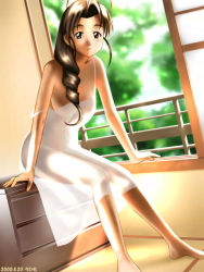 Rule 34 | 1girl, 2000, antenna hair, arm support, artist name, bad id, bare shoulders, barefoot, blush, breasts, brown eyes, brown hair, chest of drawers, dated, drill hair, dutch angle, hair intakes, hand on window, indoors, leaning forward, long hair, looking at viewer, love hina, medium breasts, nightgown, no bra, off shoulder, otohime mutsumi, railing, rohimo, see-through, see-through silhouette, sitting, solo, strap slip, sunlight, thick eyebrows, white nightgown, window