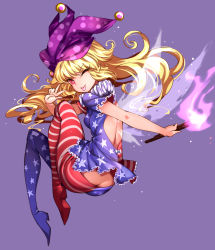 Rule 34 | 1girl, ;p, american flag dress, american flag legwear, back cutout, blonde hair, butt crack, clothing cutout, clownpiece, dress, eyelashes, fairy wings, fire, floating hair, full body, hat, highres, jester cap, long hair, looking at viewer, neck ruff, one eye closed, pantyhose, pink eyes, polka dot, purple background, purple hat, raptor7, short dress, short sleeves, simple background, smile, solo, star (symbol), striped, tongue, tongue out, torch, touhou, transparent wings, v, wings