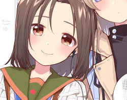 Rule 34 | 2girls, aged up, artist logo, blush, brown eyes, brown hair, chiba sadoru, close-up, closed mouth, dot nose, earbuds, earphones, gakkou gurashi!, green sailor collar, happy, head on another&#039;s shoulder, high collar, leaning on person, looking at viewer, megurigaoka high school uniform, multiple girls, naoki miki, official art, out of frame, parted bangs, portrait, sailor collar, school uniform, shared earphones, shidou kei, short hair, smile, solo focus, spoilers, star (symbol), tareme, turtleneck, twitter username, upper body, white background