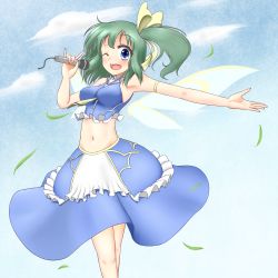 Rule 34 | 1girl, ;d, adapted costume, armpits, bare shoulders, blue hair, breasts, cloud, daiyousei, day, edamame (barium), fairy wings, female focus, green hair, hair ribbon, medium breasts, microphone, midriff, navel, aged up, one eye closed, open mouth, outstretched arm, ribbon, side ponytail, skirt, sky, smile, solo, touhou, wind, wings, wink