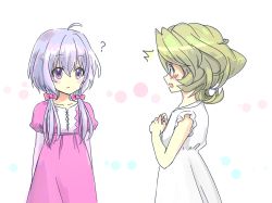 Rule 34 | 10s, 2girls, :o, ?, ^^^, ahoge, arms at sides, arms behind back, artist request, bare shoulders, blush, blush stickers, bow, collarbone, cross-laced clothes, curly hair, dress, elfnein, eyebrows, green hair, hair between eyes, hair bow, juliet sleeves, light purple hair, long hair, long sleeves, looking at another, low-tied long hair, low twintails, multiple girls, open mouth, own hands together, parted lips, pink bow, pink dress, profile, puffy short sleeves, puffy sleeves, purple eyes, senki zesshou symphogear, short hair, short sleeves, simple background, sleeveless, sleeveless dress, source request, surprised, tareme, twintails, upper body, white background, white dress, aged down, yukine chris