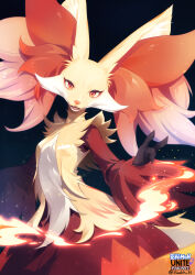 Rule 34 | 1girl, \n/, animal ear fluff, animal ears, animal nose, artist name, black fur, body fur, breasts, copyright name, creatures (company), delphox, english text, eyeliner, fangs, female focus, fire, fox ears, fox girl, furry, furry female, game freak, gen 6 pokemon, hand up, head tilt, highres, logo, looking at viewer, makeup, multicolored fur, nintendo, open mouth, pokemon, pokemon (creature), pyrokinesis, red eyeliner, red eyes, red fur, sharp teeth, signature, small breasts, snout, solo, standing, suahh, teeth, twitter username, white fur, yellow fur