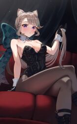 Rule 34 | 1girl, animal ears, bare arms, bare shoulders, black gloves, black leotard, blunt bangs, breasts, brown pantyhose, cat ears, cleavage, commentary request, detached collar, facial mark, feet out of frame, genshin impact, gloves, grey hair, highres, kadokadokado, leotard, long hair, lynette (genshin impact), pantyhose, parted lips, purple eyes, sitting, small breasts, solo, strapless, strapless leotard, very long hair