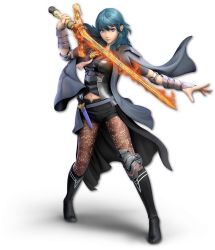 Rule 34 | 1girl, 3d, aqua hair, artist request, black cape, black footwear, black shorts, blue eyes, boots, breasts, brown pantyhose, byleth (female) (fire emblem), byleth (fire emblem), cape, closed mouth, dagger, female focus, fire, fire emblem, fire emblem: three houses, flaming sword, flaming weapon, full body, grey jacket, grey shirt, hand up, happy, highres, holding, holding sword, holding weapon, jacket, knee brace, knife, long hair, long sleeves, looking at viewer, medium breasts, midriff peek, navel, nintendo, official art, pantyhose, sheath, sheathed, shirt, short shorts, shorts, smile, solo, standing, stomach, super smash bros., sword, sword of the creator, transparent background, vambraces, weapon