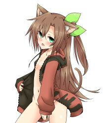 Rule 34 | 10s, 1girl, animal ears, blush, bottomless, bow, brown hair, cat ears, cat girl, cat tail, covering privates, covering crotch, female focus, green eyes, hair bow, hair ornament, highres, hood, hoodie, if (neptunia), jacket, long hair, looking at viewer, naked hoodie, navel, neptune (series), no panties, open clothes, open mouth, ribbon, shika tsui, solo, tail