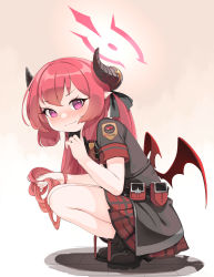Rule 34 | &gt;:), 1girl, absurdres, black footwear, black jacket, blue archive, blush, boots, closed mouth, clothes writing, commentary request, demon girl, demon horns, demon wings, dove pixie, english text, full body, halo, hand up, highres, holding, holding own hair, horns, jacket, junko (blue archive), long hair, low twintails, low wings, nose blush, pleated skirt, purple eyes, red hair, red skirt, red wings, short sleeves, skirt, smile, solo, squatting, tiptoes, twintails, v-shaped eyebrows, very long hair, wings