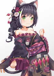 Rule 34 | 1girl, absurdres, animal ear fluff, animal ears, bare shoulders, black flower, black hair, black kimono, blush, braid, cat ears, cat girl, cat tail, closed mouth, collarbone, commentary request, floral print, flower, frilled kimono, frills, gradient background, green eyes, grey background, hair flower, hair ornament, highres, japanese clothes, karyl (new year) (princess connect!), karyl (princess connect!), kimono, kobi (piliheros2000), long hair, long sleeves, looking at viewer, multicolored hair, obi, ponytail, princess connect!, print kimono, red flower, sash, sleeves past wrists, smile, solo, split mouth, streaked hair, tail, white flower, white hair, wide sleeves
