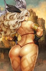 Rule 34 | 1girl, amazon (dragon&#039;s crown), amazon warrior, armlet, armor, ass, axe, back turned, bare shoulders, bikini armor, black feather, black gloves, blonde hair, blue eyes, castle, dragon&#039;s crown, feather hair ornament, gloves, hair ornament, hand on own hip, holding, holding axe, holding weapon, huge ass, long hair, looking at viewer, looking back, muscular, muscular female, official art, shigatake, solo, tattoo, thick thighs, thighs, thong, town, weapon