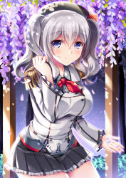 Rule 34 | 10s, 1girl, blue eyes, blush, breasts, commentary request, epaulettes, frilled sleeves, frills, fukase ayaka, kantai collection, kashima (kancolle), kerchief, large breasts, long hair, looking at viewer, military, military uniform, petals, silver hair, smile, solo, twintails, uniform, wavy hair