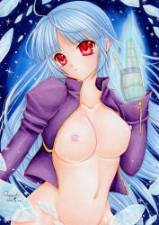 Rule 34 | 1girl, ahoge, blue hair, breasts, gloves, glowing, groin, highres, ice, kula diamond, large breasts, long hair, marker (medium), mocomoco party, navel, nipples, open clothes, red eyes, snk, solo, the king of fighters, traditional media, zipper