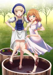 Rule 34 | 2girls, :d, alternate costume, amelie planchard, aqua eyes, bare legs, barefoot, barrel, blonde hair, blunt bangs, blush, clothes lift, dress, dress lift, eyebrows, female focus, food, fruit, glasses, grape stomping, grapes, grass, green eyes, hat, highres, kaneko (novram58), leaf, long hair, looking at viewer, multiple girls, open mouth, orange hair, perrine h. clostermann, pressing, puffy short sleeves, puffy sleeves, ribbon-trimmed clothes, ribbon trim, short hair, short sleeves, smile, strike witches, strike witches: katayoku no majo-tachi, traditional clothes, tree, white dress, world witches series, yellow eyes