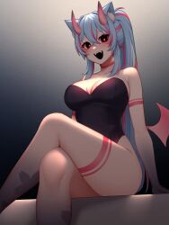 Rule 34 | 1girl, :d, absurdres, animal ear fluff, animal ears, black eyes, black leotard, blue hair, breasts, cleavage, cowboy shot, crossed legs, fangs, from below, gradient background, hair between eyes, heart, heart-shaped pupils, highres, horns, large breasts, leotard, long hair, looking at viewer, multicolored hair, ohwasuy, open mouth, original, pink hair, ponytail, portuguese commentary, shaded face, sidelocks, sitting, smile, solo, symbol-shaped pupils, twitter username, two-tone hair