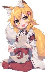 Rule 34 | 1girl, :d, animal ear fluff, animal ears, apron, blonde hair, blush, brown apron, brown eyes, commentary request, fang, flower, fox ears, fox girl, fox tail, hair between eyes, hair flower, hair ornament, hakama, hakama skirt, head tilt, highres, japanese clothes, kimono, lap pillow invitation, long hair, long sleeves, looking at viewer, no shoes, open mouth, patting lap, red flower, red hakama, ribbon-trimmed sleeves, ribbon trim, senko (sewayaki kitsune no senko-san), sewayaki kitsune no senko-san, shadow, simple background, skirt, smile, socks, solo, tail, wagashi928, white background, white kimono, white socks, wide sleeves