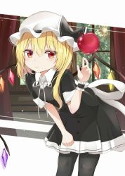 Rule 34 | 1girl, absurdres, alternate costume, apple, arm up, black dress, black pantyhose, blonde hair, blurry, clenched hand, commentary, cowboy shot, cropped legs, curtains, depth of field, dress, english commentary, expressionless, fingers together, flandre scarlet, floating, food, fruit, hair between eyes, hand on own thigh, hat, hat ribbon, highres, indoors, iyo (ya na kanji), leaning forward, levitation, light particles, looking at viewer, mob cap, pantyhose, red eyes, ribbon, shirt, shirt under dress, short hair, short sleeves, side ponytail, solo, symbol-only commentary, touhou, tree, white hat, white shirt, window, wings, wrist cuffs