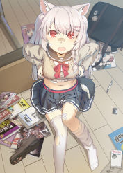 Rule 34 | 1girl, animal ears, azur lane, bandaid, bandaid on face, belt, belt buckle, braid, breasts, buckle, fangs, feet, hair ornament, hairclip, hankon, highres, looking at viewer, medium breasts, navel, no shoes, open mouth, red belt, red eyes, school uniform, silver hair, sitting, solo, tail, thick eyebrows, thighhighs, torn clothes, torn thighhighs, undressing, wolf ears, wolf tail, yuudachi (azur lane)