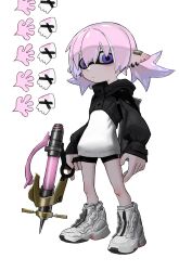 Rule 34 | 1girl, absurdres, ear piercing, full body, hair between eyes, highres, holding, holding weapon, hood, hood down, inkling, inkling girl, inkling player character, long sleeves, looking at viewer, nintendo, original, piercing, pink hair, shoes, short shorts, short twintails, shorts, simple background, sneakers, solo, splash-o-matic (splatoon), splatoon (series), standing, tentacle hair, toxic ghost, twintails, weapon, white background, white footwear