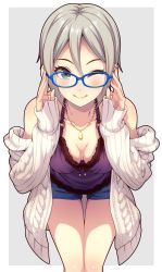 Rule 34 | 1girl, ;), argyle, argyle clothes, argyle sweater, bespectacled, blue-framed eyewear, blue shorts, blush, breasts, breasts apart, cage unlimited, cleavage, collarbone, feet out of frame, glasses, grey background, grey hair, hair between eyes, hands on eyewear, highres, idolmaster, idolmaster cinderella girls, idolmaster cinderella girls starlight stage, jacket, jacket partially removed, leaning forward, lingerie, looking at viewer, medium breasts, negligee, one eye closed, shiomi syuko, short hair, short shorts, shorts, simple background, smile, solo, sweater, sweater jacket, two-tone background, underwear