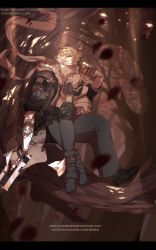 Rule 34 | 1boy, 1girl, arm guards, armor, blonde hair, boots, breasts, cleavage, dappled sunlight, day, dishwasher1910, closed eyes, finger on trigger, fingerless gloves, forest, gauntlets, gloves, gun, holding hands, hand on another&#039;s head, handgun, highres, holding, holding gun, holding weapon, in tree, interlocked fingers, jacket, jaune arc, nature, one eye closed, outdoors, pants, pistol, rwby, scarf, shade, short sleeves, sitting, sitting on lap, sitting on person, sleeves rolled up, smile, sunlight, tagme, thighhighs, tree, tree shade, weapon, yang xiao long
