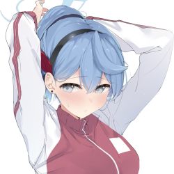 Rule 34 | 1girl, ako (blue archive), alreadyusedpai, alternate hairstyle, blue archive, blue eyes, blue hair, blush, breasts, earrings, hairband, highres, jewelry, large breasts, looking at viewer, parted lips, simple background, solo, track suit, tying hair, white background