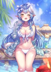 Rule 34 | 1girl, bikini, blue hair, blush, breasts, cleavage, flower, food, hair flower, hair ornament, half updo, highres, hololive, in water, jacket, kashiba aira, large breasts, lips, long hair, looking at viewer, one eye closed, open clothes, open jacket, open mouth, parfait, pointy ears, shiny skin, sitting, solo, swimsuit, very long hair, virtual youtuber, yellow eyes, yukihana lamy