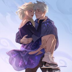 Rule 34 | 1boy, 1girl, artist name, blonde hair, blue eyes, braid, braided ponytail, brown pants, carrying, crossover, dress, elsa (frozen), eyeshadow, frozen (disney), grey hoodie, highres, hood, hoodie, ice skates, jack frost (rise of the guardians), long hair, makeup, outdoors, panprika11, pants, princess carry, print dress, print hoodie, purple dress, purple eyeshadow, rise of the guardians, short dress, short hair, skates, snowflake print, white hair