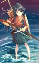Rule 34 | 10s, 1girl, arrow (projectile), black hair, bow (weapon), brown gloves, closed mouth, flight deck, full body, gloves, green eyes, green ribbon, hair ribbon, hakama, hakama skirt, highres, holding, holding weapon, houshou (kancolle), japanese clothes, kantai collection, kimono, long hair, looking at viewer, ocean, pantyhose, partially fingerless gloves, partly fingerless gloves, ponytail, quiver, ribbon, ryokucha manma, sandals, single glove, skirt, smile, solo, standing, standing on liquid, tasuki, weapon, yugake