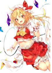 Rule 34 | 1girl, :d, blonde hair, bloomers, blush, bow, commentary request, crop top, crystal, fangs, feet out of frame, flandre scarlet, frilled shirt collar, frills, hand up, hat, hat bow, highres, leg up, long hair, looking at viewer, midriff, mob cap, navel, one side up, open mouth, puffy short sleeves, puffy sleeves, red bow, red eyes, red footwear, red skirt, red vest, sakusyo, shirt, shoes, short sleeves, simple background, skirt, skirt set, smile, solo, stomach, touhou, underwear, vest, white background, white bloomers, white hat, white shirt, wings, wrist cuffs, yellow neckwear