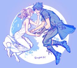 Rule 34 | 10s, 1boy, 1girl, bad id, bad pixiv id, black hair, black jacket, blonde hair, blue sky, boots, couple, cross-laced footwear, dress, closed eyes, final fantasy, final fantasy xv, floating, full moon, gloves, hand on another&#039;s face, hetero, jacket, lace-up boots, looking at another, lunafreya nox fleuret, moon, nentan, noctis lucis caelum, ponytail, single glove, sky, sleeveless, sleeveless dress, smile, twitter username, white dress