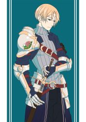 Rule 34 | 1boy, absurdres, anime coloring, armor, asymmetrical clothes, bad id, bad pixiv id, blonde hair, blue eyes, flower, gloves, highres, knight, looking down, male focus, multicolored clothes, multicolored gloves, okuno (rakugaki-okuno306), original, pink flower, pink rose, pouch, ribbed sweater, rose, sheath, shoulder armor, solo, strap, sweater, sword, turtleneck, turtleneck sweater, vambraces, weapon