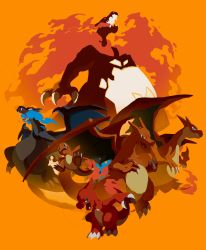 Rule 34 | breath weapon, breathing fire, charizard, charmander, charmeleon, claws, creatures (company), evolutionary line, fire, game freak, gen 1 pokemon, gigantamax, gigantamax charizard, highres, horns, kasai (pixiv24704749), looking at viewer, mega charizard x, mega charizard y, mega pokemon, nintendo, open mouth, pokemon, pokemon (creature), simple background, wings, yellow background