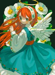 Rule 34 | 1girl, angel, angel wings, aqua dress, blush, closed mouth, commentary, cowboy shot, dress, earrings, feathered wings, floating hair, floral print, flower, from behind, green eyes, hairband, halo, hand up, highres, holding, holding flower, jewelry, light smile, long hair, long sleeves, looking at viewer, looking back, nagomi ( nagomi ), orange hair, original, pinafore dress, print hairband, shirt, sleeveless, sleeveless dress, solo, symbol-only commentary, very long hair, white flower, white hairband, white shirt, white wings, wide sleeves, wings