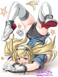 Rule 34 | 1girl, artist name, banana peel, black panties, blonde hair, blue eyes, blue shirt, breast pocket, breasts, chest stand, collared shirt, dated, gambier bay (kancolle), gloves, hair between eyes, hairband, kantai collection, large breasts, multicolored clothes, multicolored gloves, no pants, one-hour drawing challenge, panties, pocket, shirt, solo, tatsumi ray, thighhighs, top-down bottom-up, twintails, twitter username, underwear, white background, white thighhighs