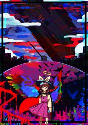 Rule 34 | 1girl, absurdres, arms at sides, bird, black cape, black hat, bow, brown hair, building, cape, closed mouth, cloud, collared shirt, commentary, fake halo, glasses, halo, hat, hat bow, highres, holding, holding phone, house, light smile, long sleeves, looking at viewer, medium hair, multicolored wings, neruzou, phone, plaid, plaid skirt, plaid vest, purple skirt, purple vest, red-framed eyewear, red cape, red eyes, semi-rimless eyewear, shirt, skirt, skirt set, skyscraper, socks, solo, structure, touhou, two-sided cape, two-sided fabric, usami sumireko, vest, white bow, white shirt, white socks, wide shot, wings