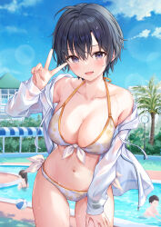 Rule 34 | 1boy, 2girls, :d, absurdres, ball, beachball, bikini, black hair, blue sky, breasts, brown hair, building, cleavage, clock, cloud, collarbone, commentary request, day, floral print, hair between eyes, hand on own knee, higeneko, highres, jacket, large breasts, lens flare, looking at viewer, multiple girls, navel, open clothes, open jacket, open mouth, original, outdoors, palm tree, pool, poolside, print bikini, purple eyes, second-party source, short hair, sky, smile, solo focus, swimsuit, tree, v, wet, white bikini, white jacket