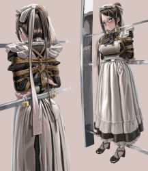 Rule 34 | 1girl, arms behind back, bdsm, black hair, blush, bondage, bound, dress, facing away, glasses, hair ornament, hairclip, high heels, highres, immobilization, itou tatsuya, lock, long dress, long skirt, maid, mary janes, multiple views, original, ponytail, restrained, rope, shoes, simple background, skirt, standing