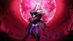 Rule 34 | 1girl, artist request, baseball bat, bird, boots, breasts, building, character request, feathers, fur trim, jacket, long hair, medium breasts, moon, pants, pink hair, red background, red eyes, red moon, red sky, sky, torn clothes, twintails, virtual youtuber, weapon